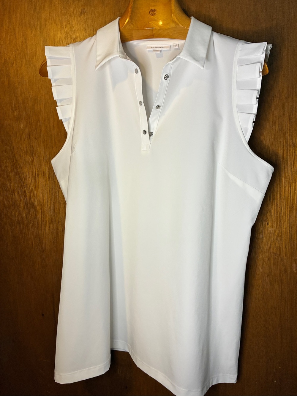 Chico's White Sleeveless Polo with Pleated Cap Sleeves